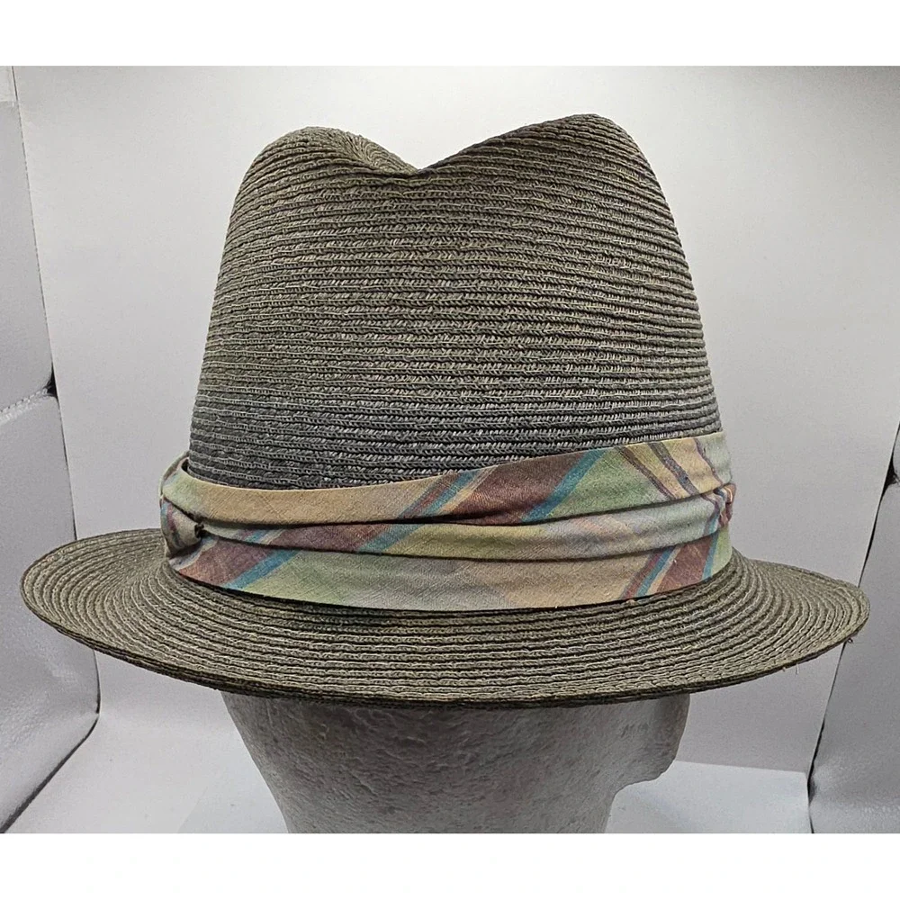 Vintage Stetson Straw Panama Fedora Hat Gray Men's 7 1/8 Woven Pastel Plaid Band